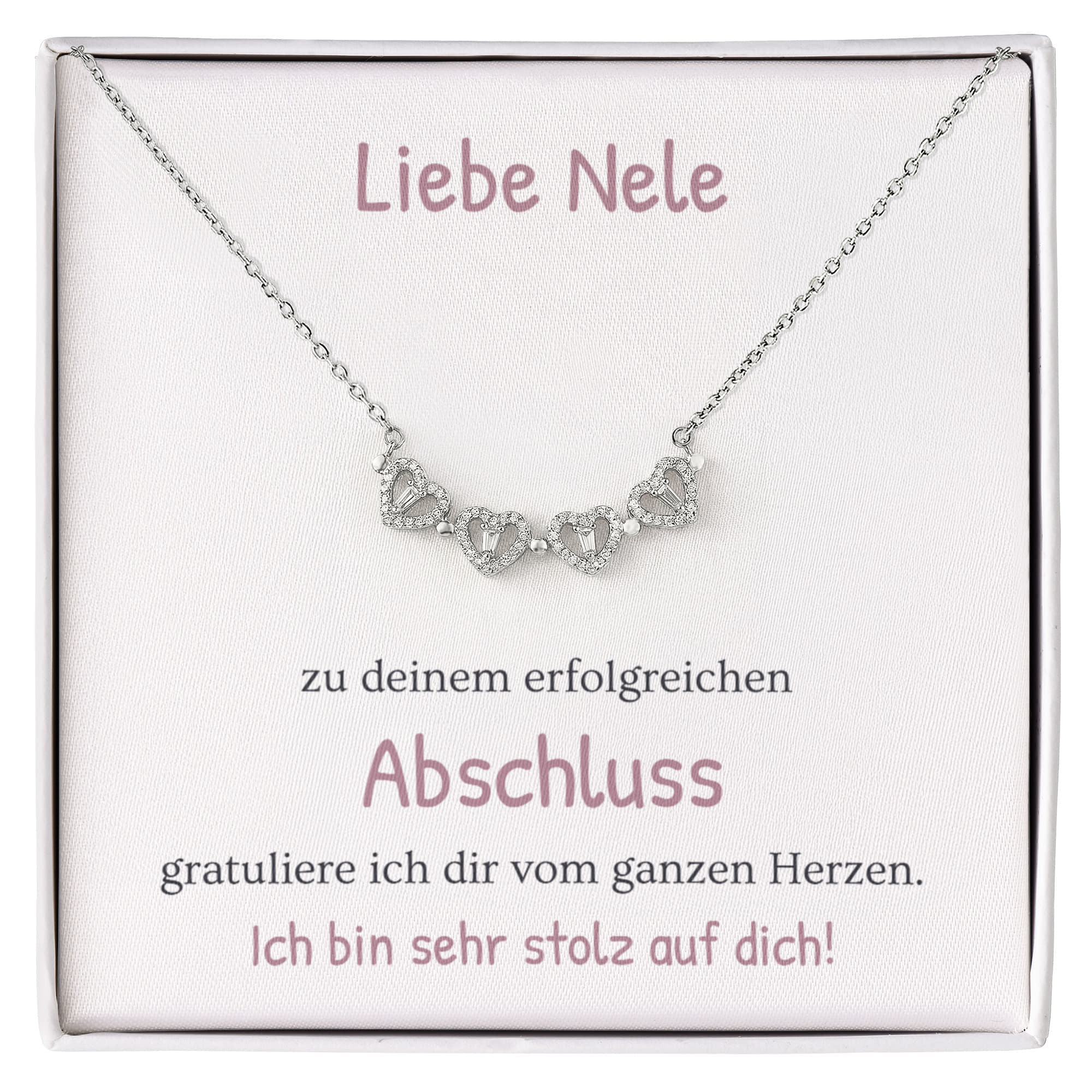 Besonderes Abschluss Geschenk für Mädchen: Silberne Halskette mit Glückwunschkarte in edler Schmuckbox
