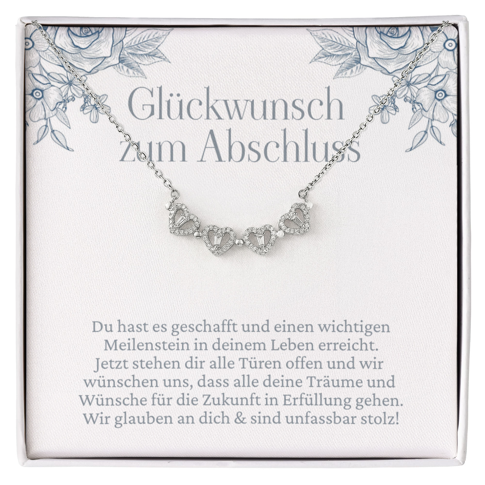 Besonderes Abschluss Geschenk für Mädchen: Silberne Halskette mit Glückwunschkarte in edler Schmuckbox