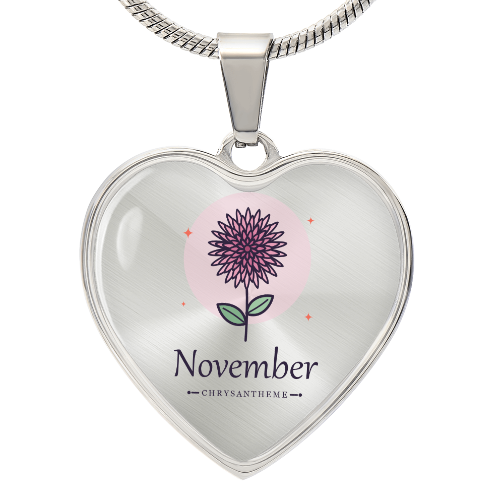 Geburtsblume Halskette November in Edelstahl – Herzanhänger mit Chrysantheme