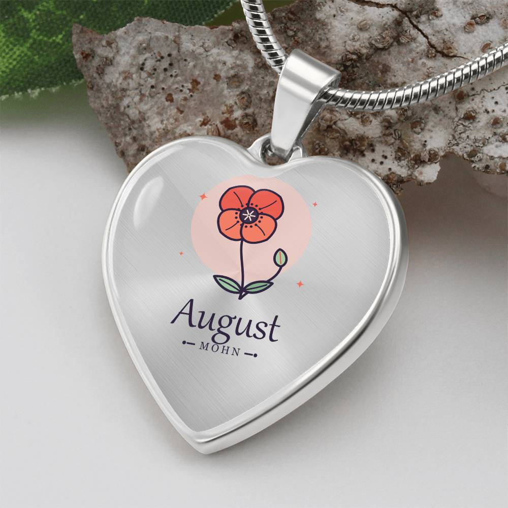 'Geburtsblume Kette August – Mohn' Herzförmiger Anhänger