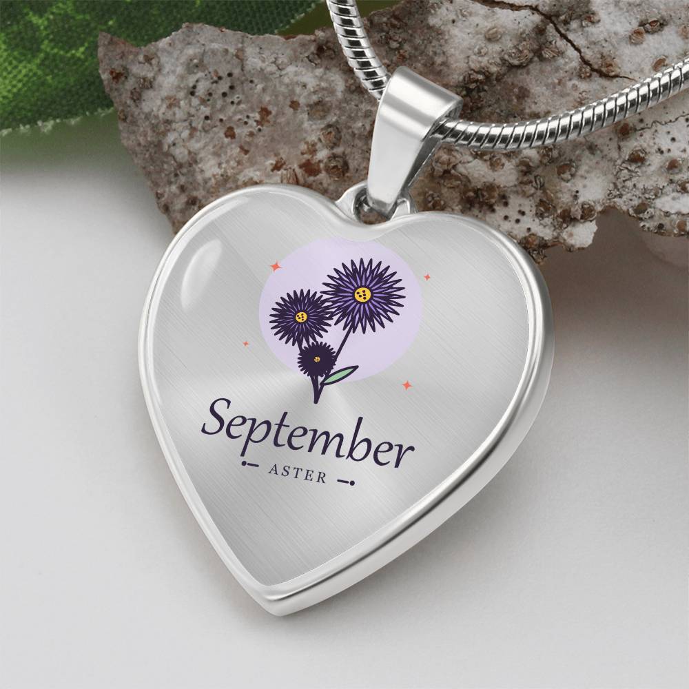 'Geburtsblume Kette September – Aster' Herzförmiger Anhänger
