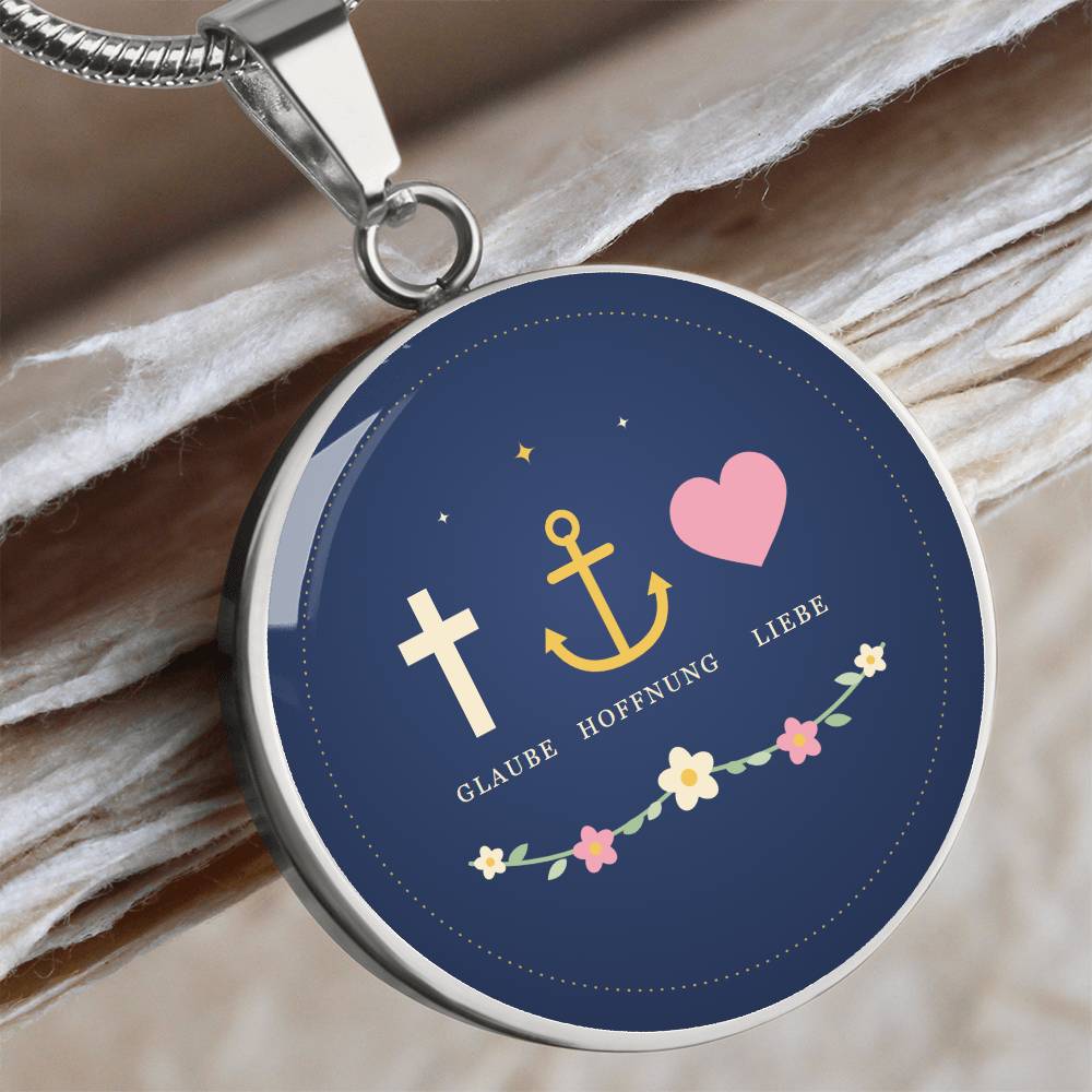 Kette mit Kreuz, Anker, Herz und Blumen nach 1. Korinther 13 in Edelstahl