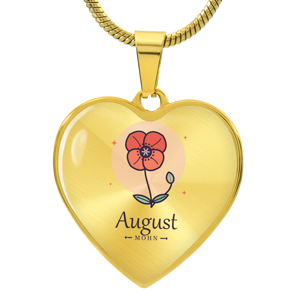 Geburtsblume Herzkette August in Gold mit roter Mohnblume und Schriftzug August