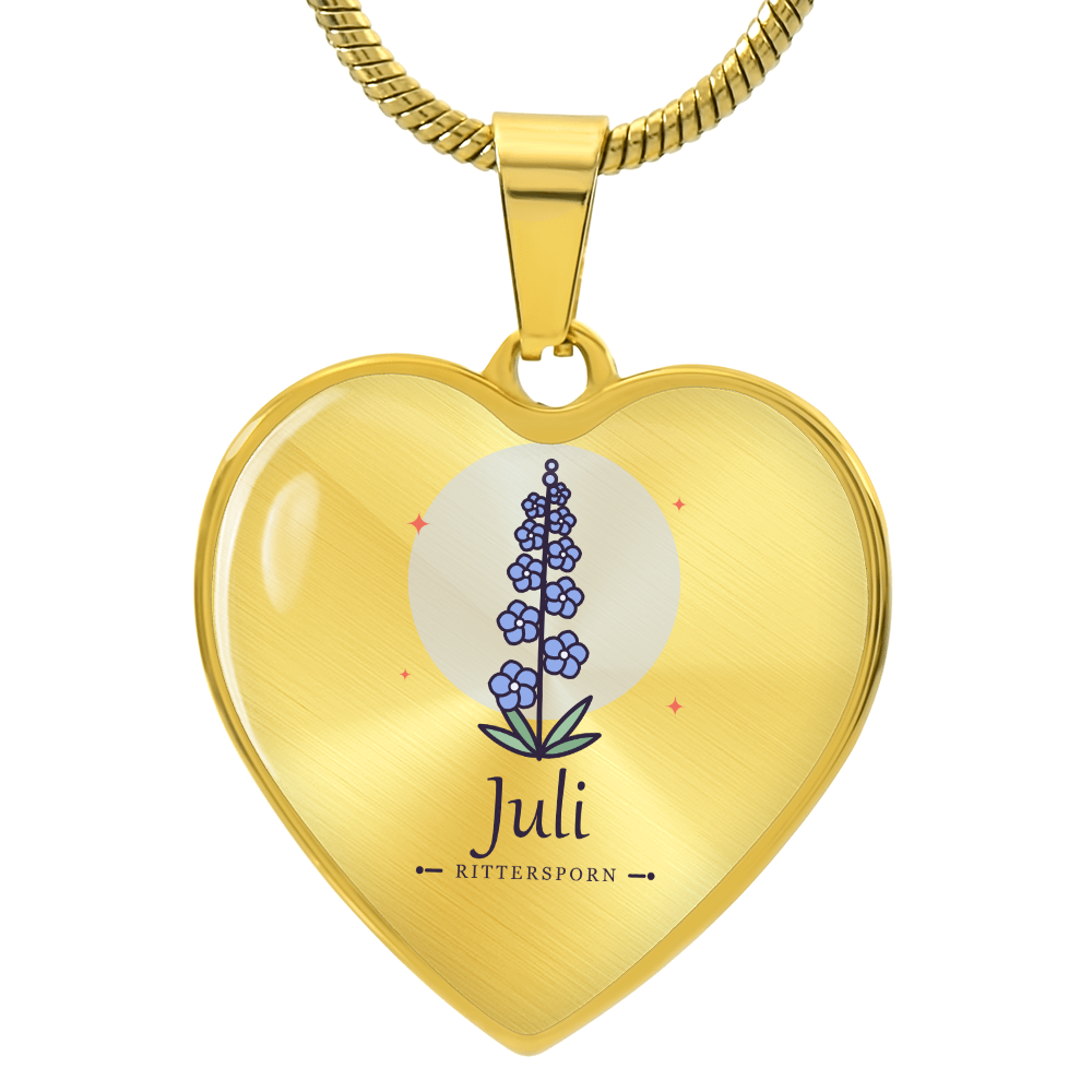Geburtsblume Herzkette Juli in Gold mit blauem Rittersporn und Schriftzug Juli