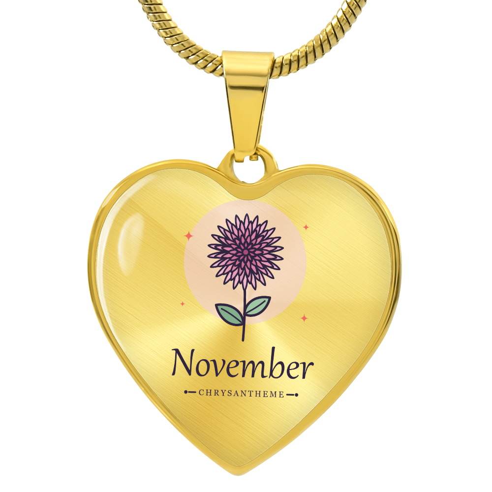 Geburtsblume Herzkette November in Gold mit rosa Chrysantheme und Schriftzug November