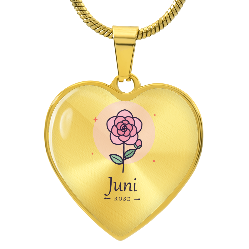 Geburtsblume Herzkette Juni in Gold mit rosa Rose und Schriftzug Juni