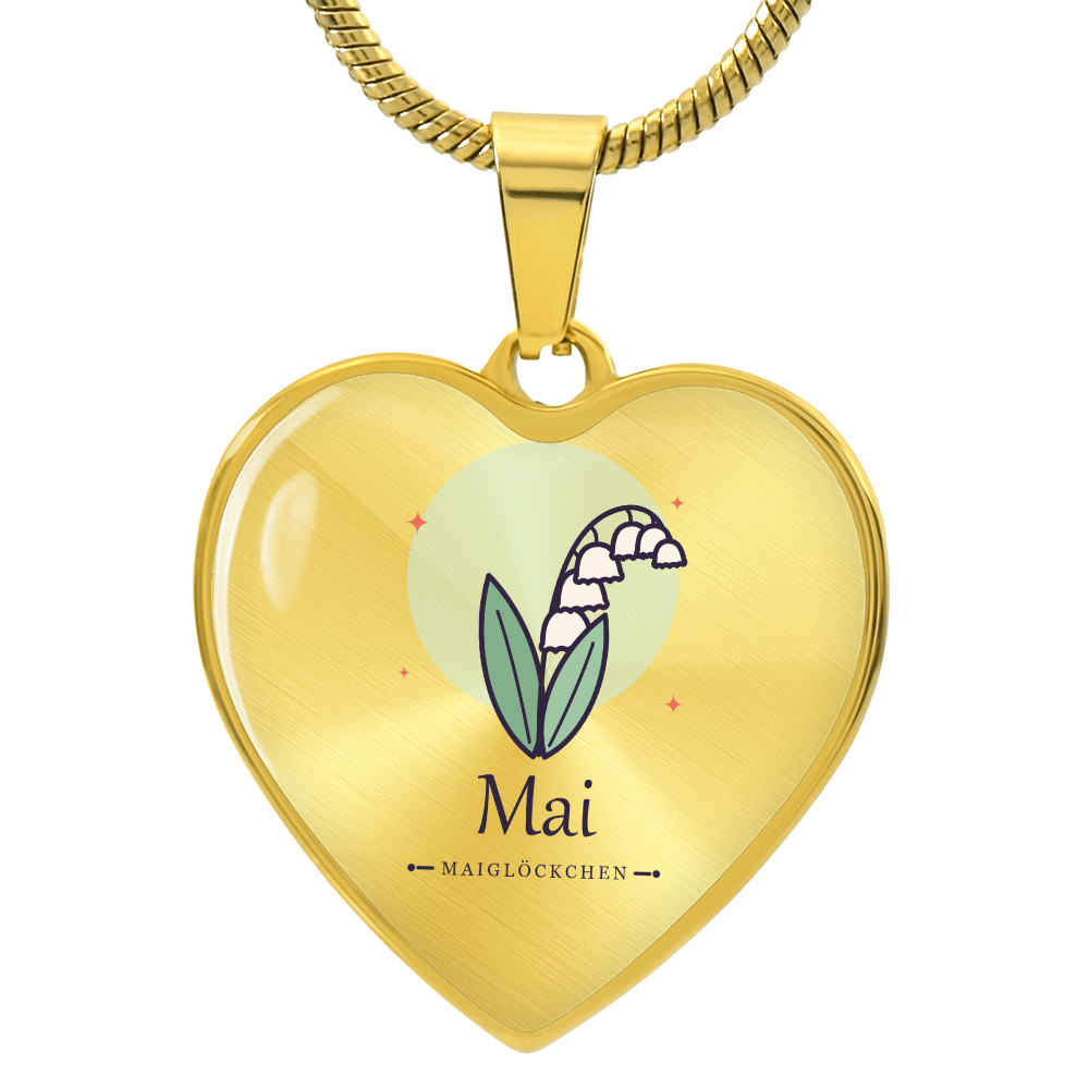 Geburtsblume Herzkette Mai in Gold mit Maiglöckchen und Schriftzug Mai