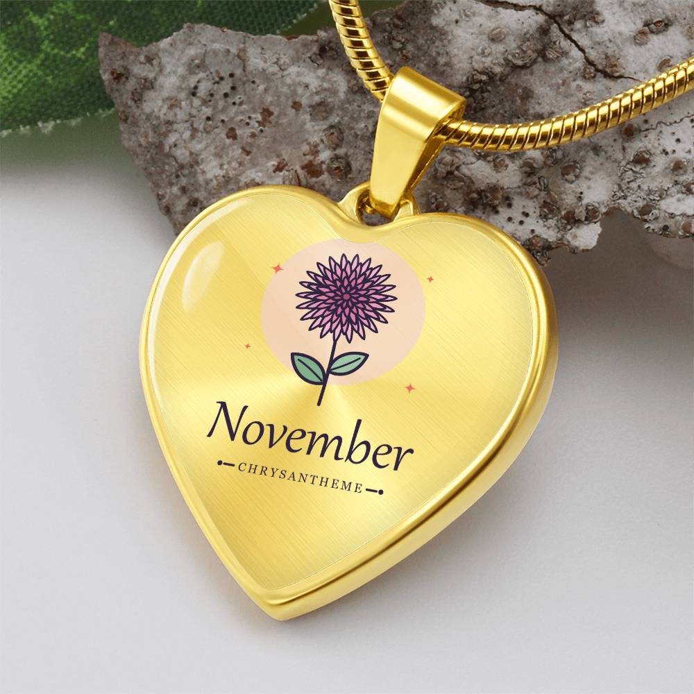 'Geburtsblume Kette November – Chrysantheme' Herzförmiger Anhänger