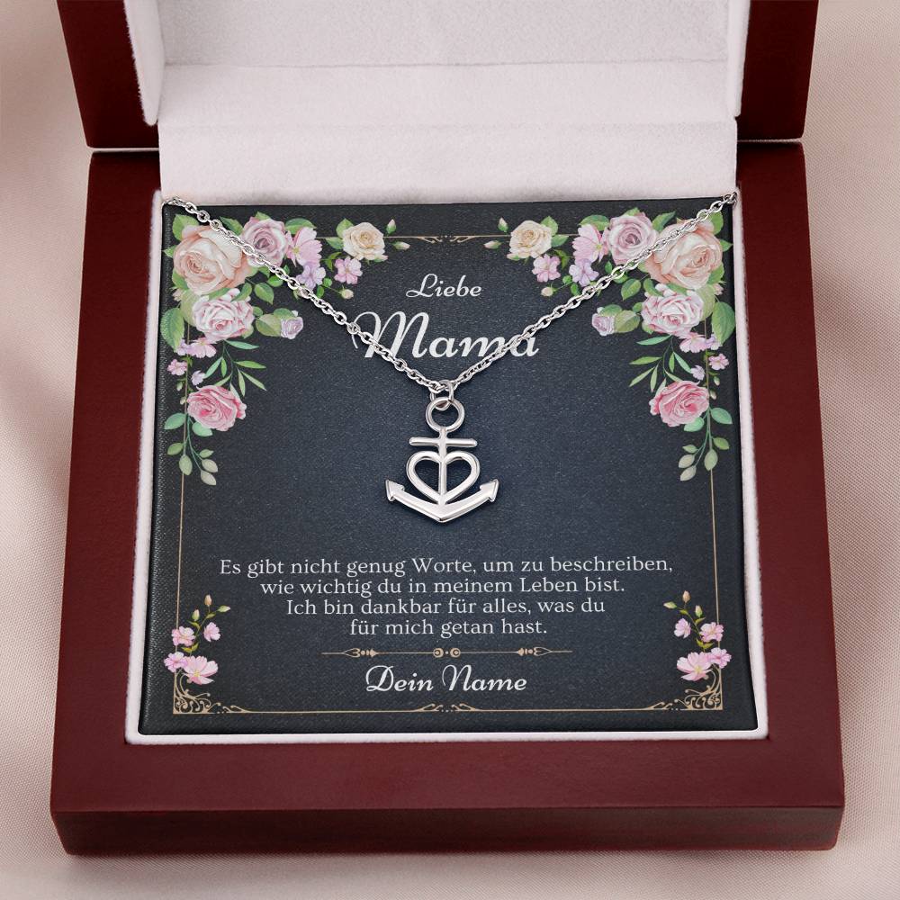 Muttertagsgeschenk Halskette in geöffneter Schmuckbox mit emotionaler Spruchkarte für Mutter