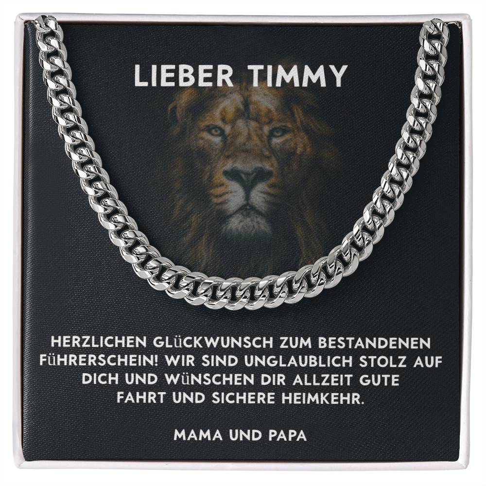 Komplettes Geschenkset zum Führerschein für Jungs bestehend aus cooler Halskette, edler Schmuckbox und Glückwunschkarte.