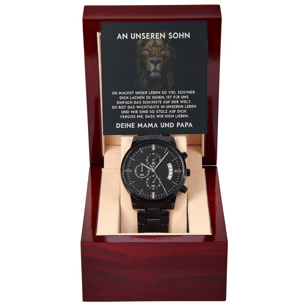Uhrengeschenk für Sohn mit personalisierbarer Karte