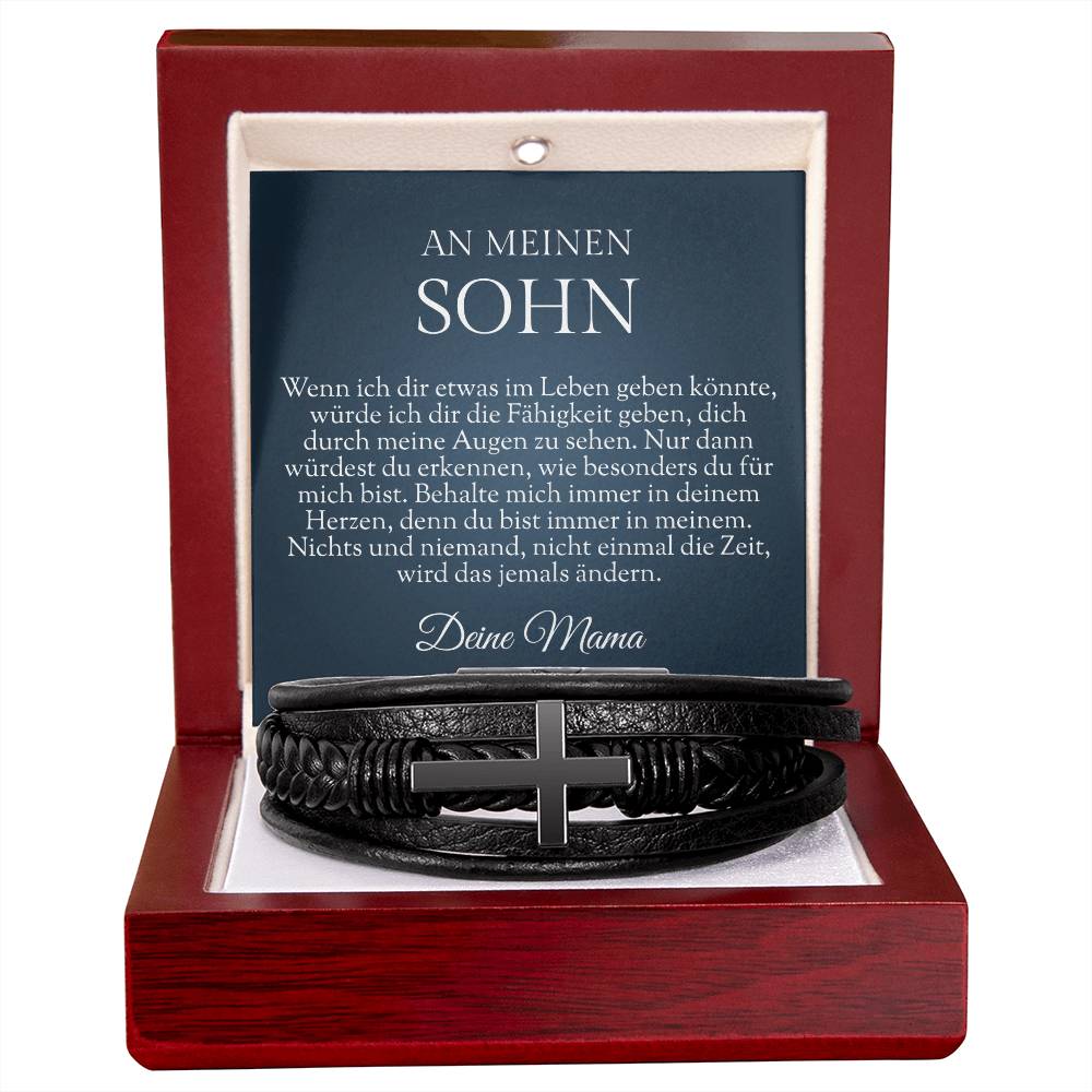 Zeige deine Liebe mit Stil – Edelstahlkreuz auf einem veganen Lederarmband, das für immer an deinen Sohn erinnert. Das perfekte Geschenk von Mama für ihren Sohn.