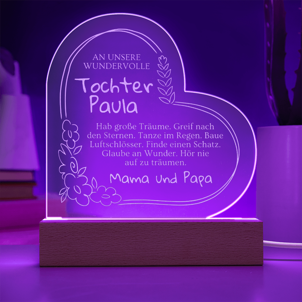 Personalisiertes LED Herz Geschenk für Tochter von Mama und Papa – emotionales Nachtlicht mit Gravur als besonderes Geburtstagsgeschenk für Mädchen