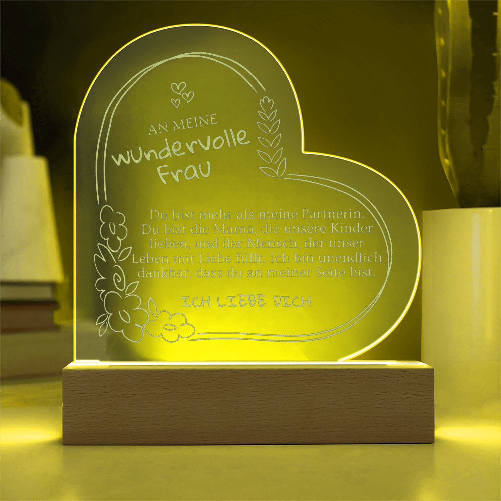 Hochwertiges LED Herz Geschenk für Ehefrau – vorgefertigter Liebestext, anpassbare Anrede im Personalisierungsfeld, ideale Geschenkidee für Paare