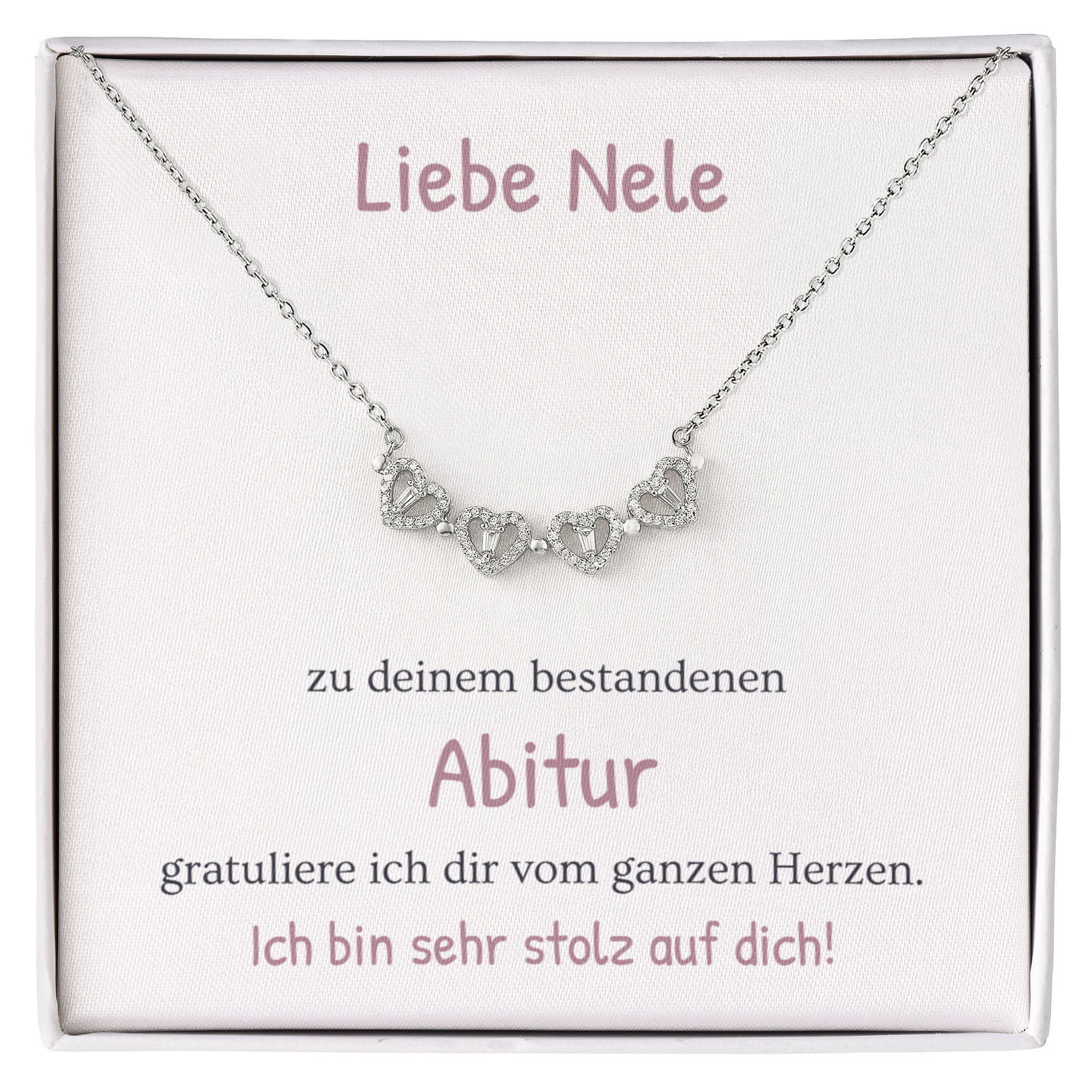 Edles Abitur Geschenk für Mädchen: Silberne Halskette mit Glückwunschkarte in hochwertiger Schmuckbox