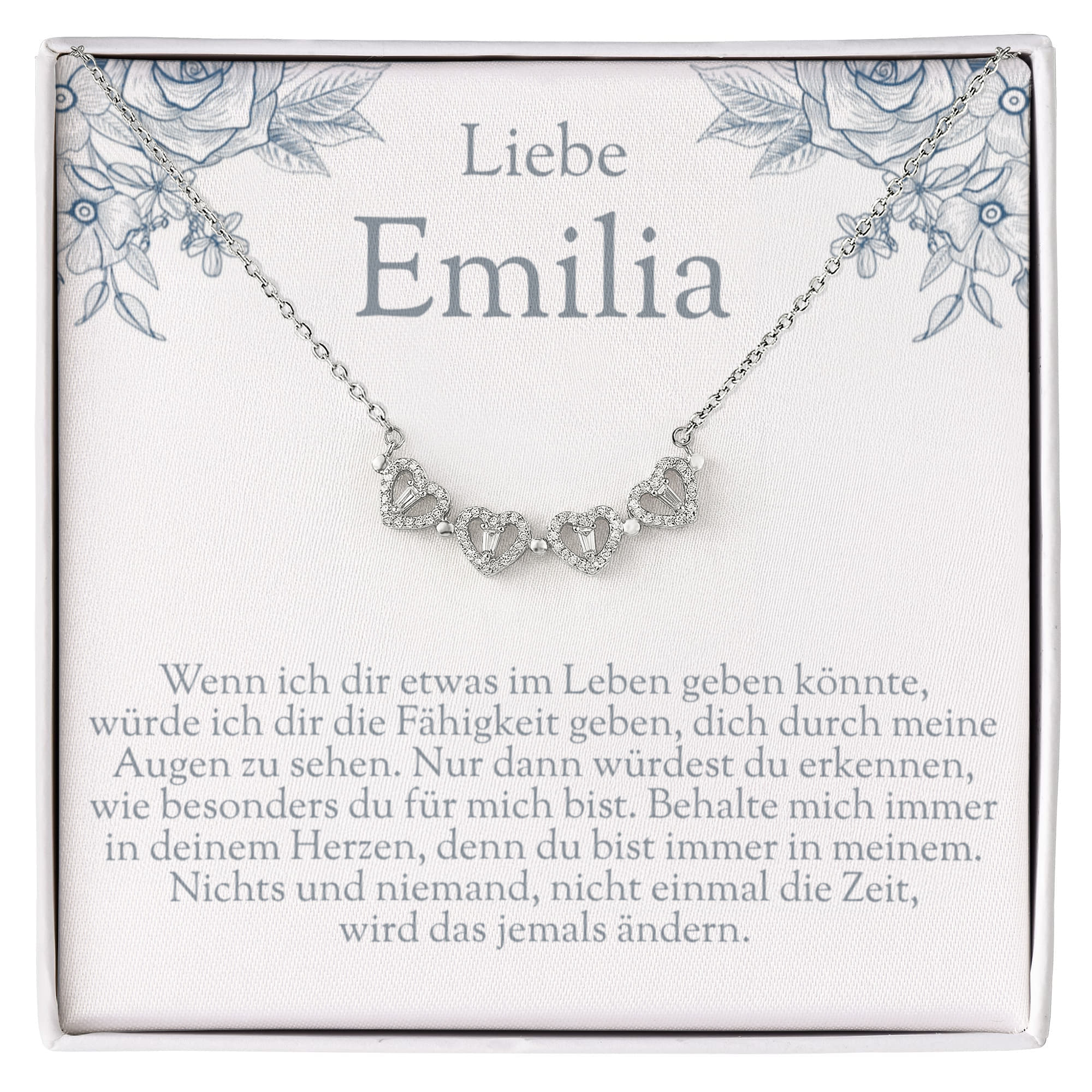 Geöffnete edle Schmuckbox mit funkelnder Halskette und personalisierter Namenskarte, ein perfektes Geschenk für Teenager Mädchen.