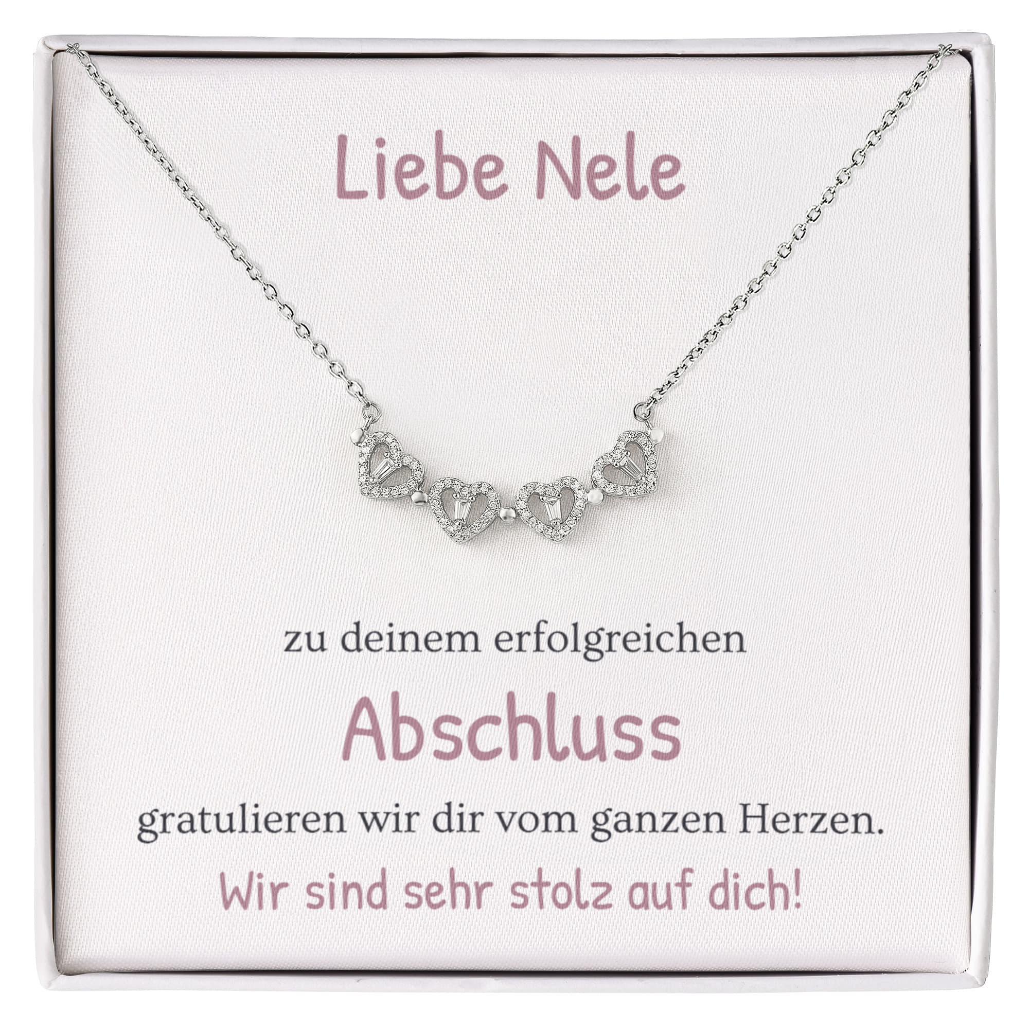 Besonderes Abschluss Geschenk für Mädchen: Silberne Halskette mit Glückwunschkarte in edler Schmuckbox