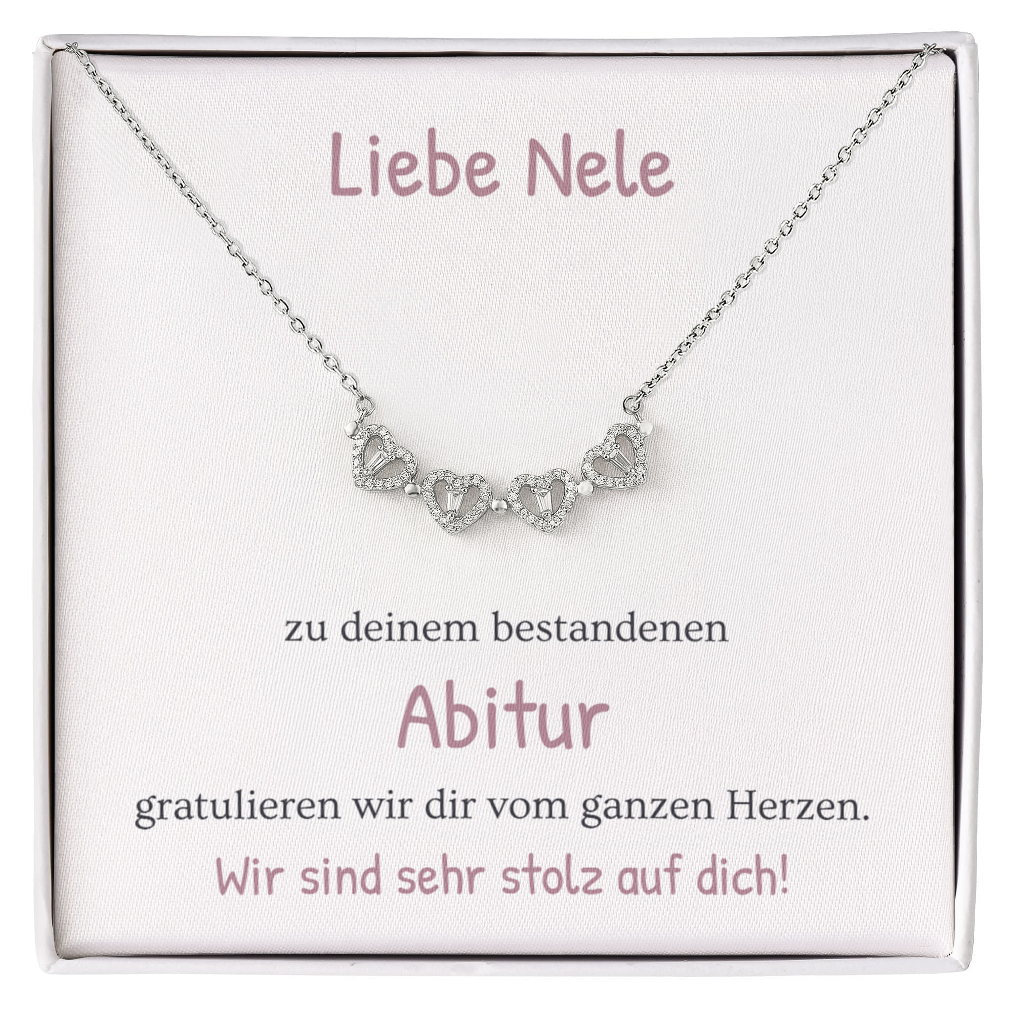 Edles Abitur Geschenk für Mädchen: Silberne Halskette mit Glückwunschkarte in hochwertiger Schmuckbox