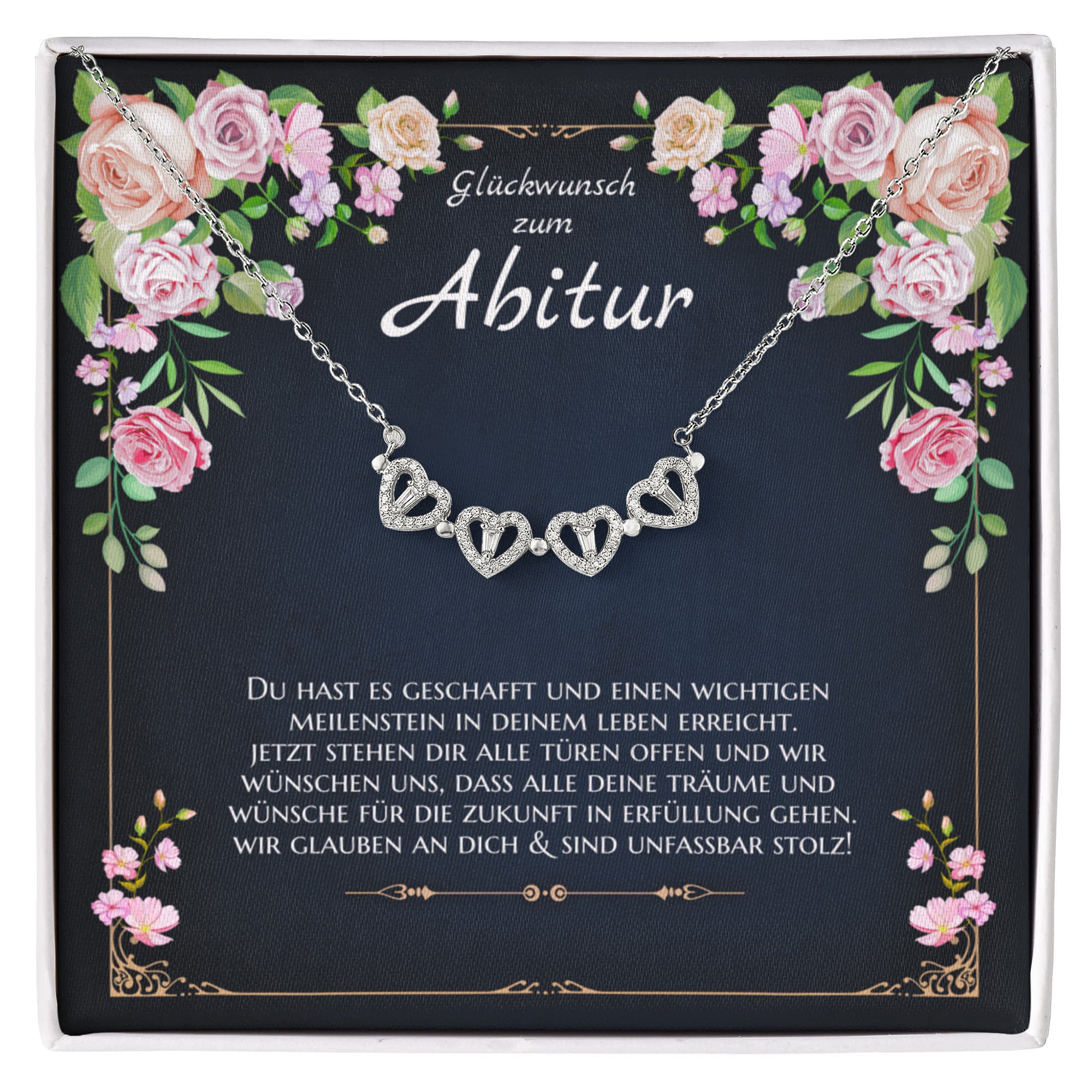 Edles Abitur Geschenk für Mädchen: Silberne Halskette mit Glückwunschkarte in hochwertiger Schmuckbox