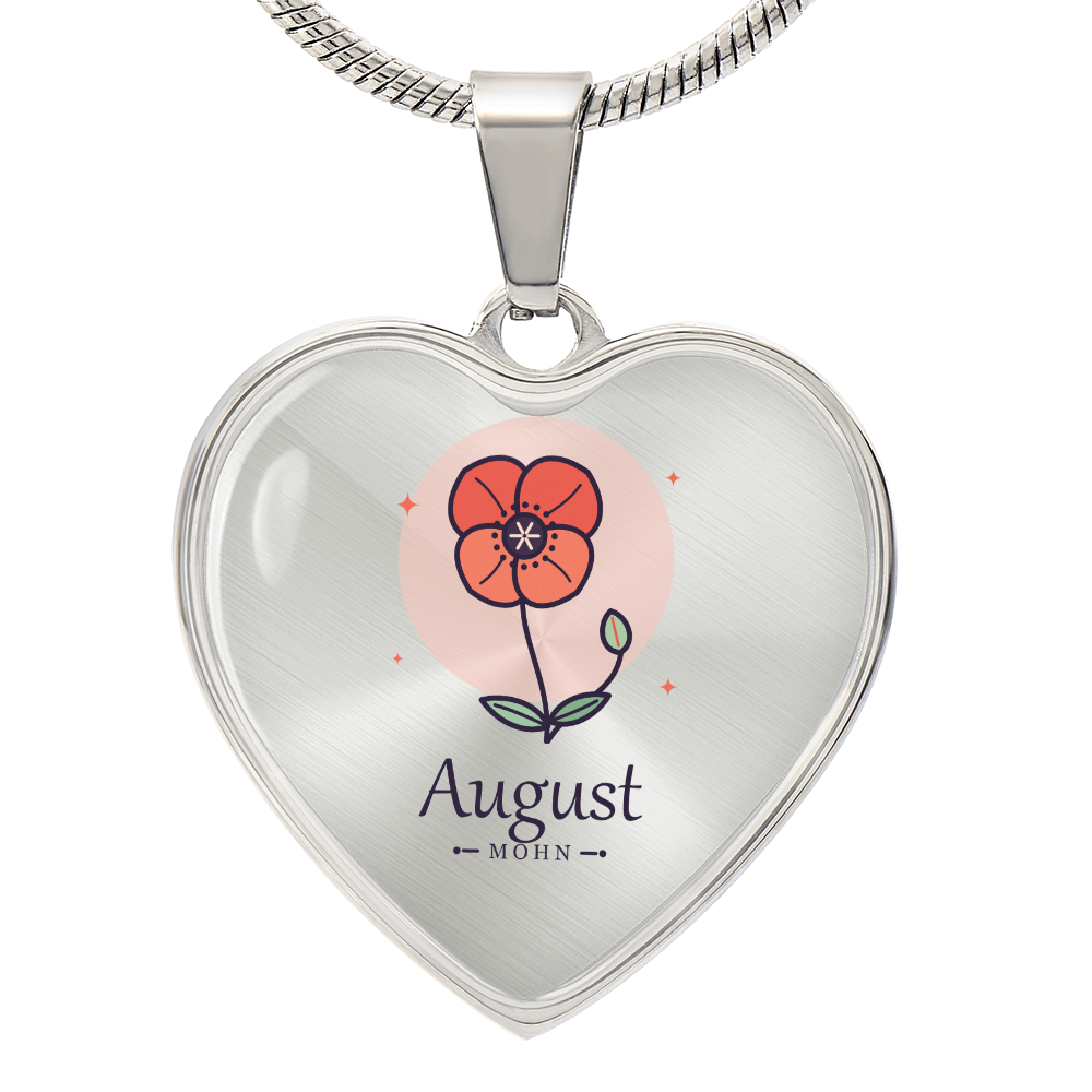 Geburtsblume Halskette August in Edelstahl – Herzanhänger mit Mohn
