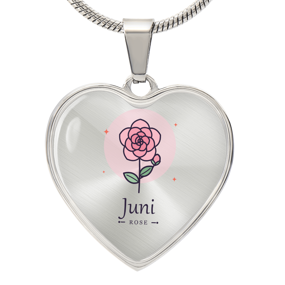 Geburtsblume Halskette Juni in Edelstahl – Herzanhänger mit Rose
