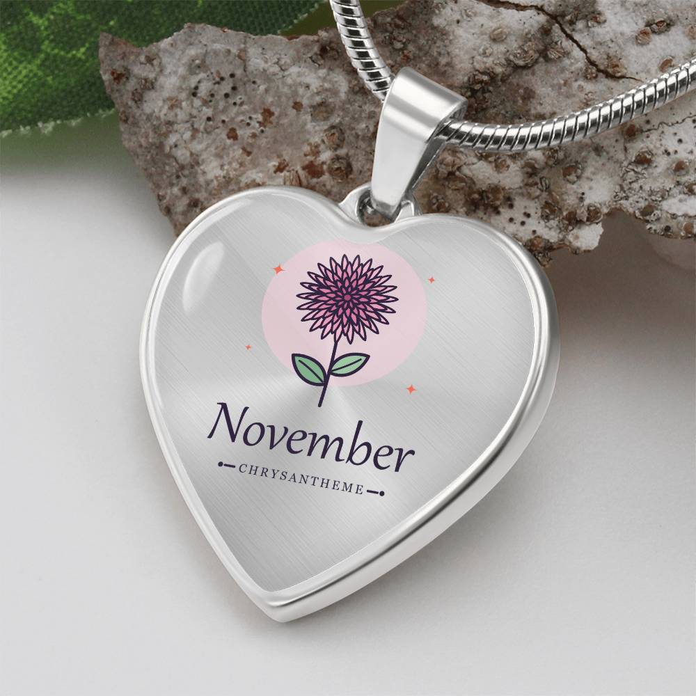 'Geburtsblume Kette November – Chrysantheme' Herzförmiger Anhänger