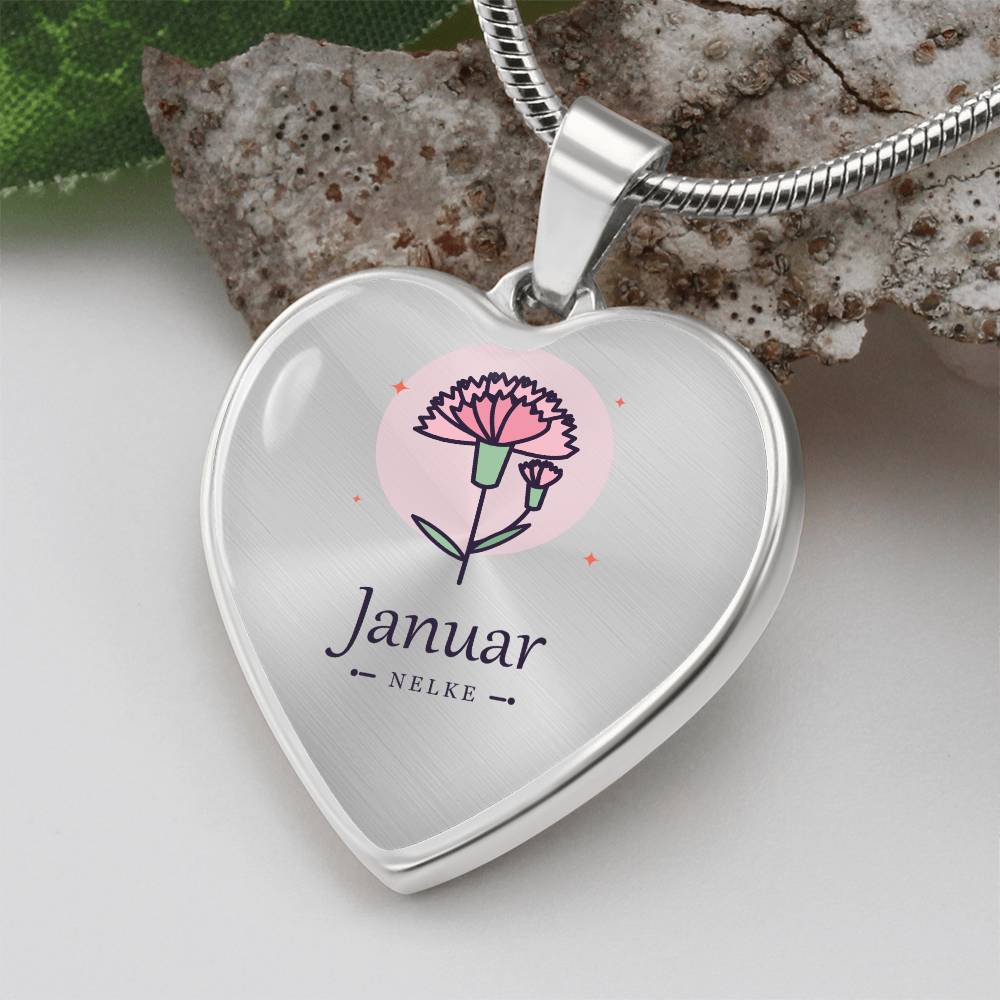 'Geburtsblume Kette Januar – Nelke' Herzförmiger Anhänger