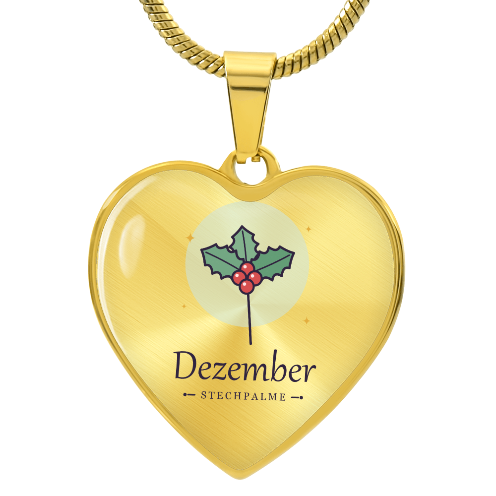 Geburtsblume Herzkette Dezember in Gold mit Stechpalme, roten Beeren und Schriftzug Dezember
