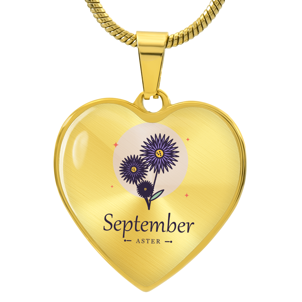 Geburtsblume Herzkette September in Gold mit lila Aster und Schriftzug September
