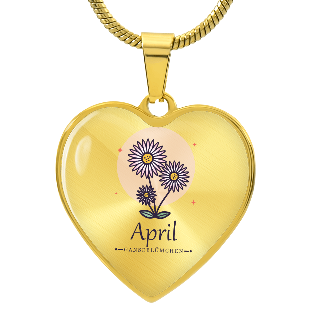Geburtsblume Herzkette April in Gold mit Gänseblümchen und Schriftzug April
