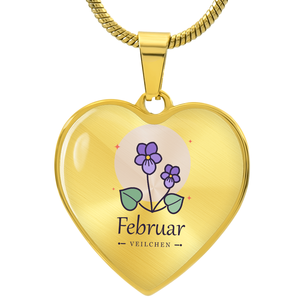 Geburtsblume Herzkette Februar in Gold mit lila Veilchen und Schriftzug Februar

