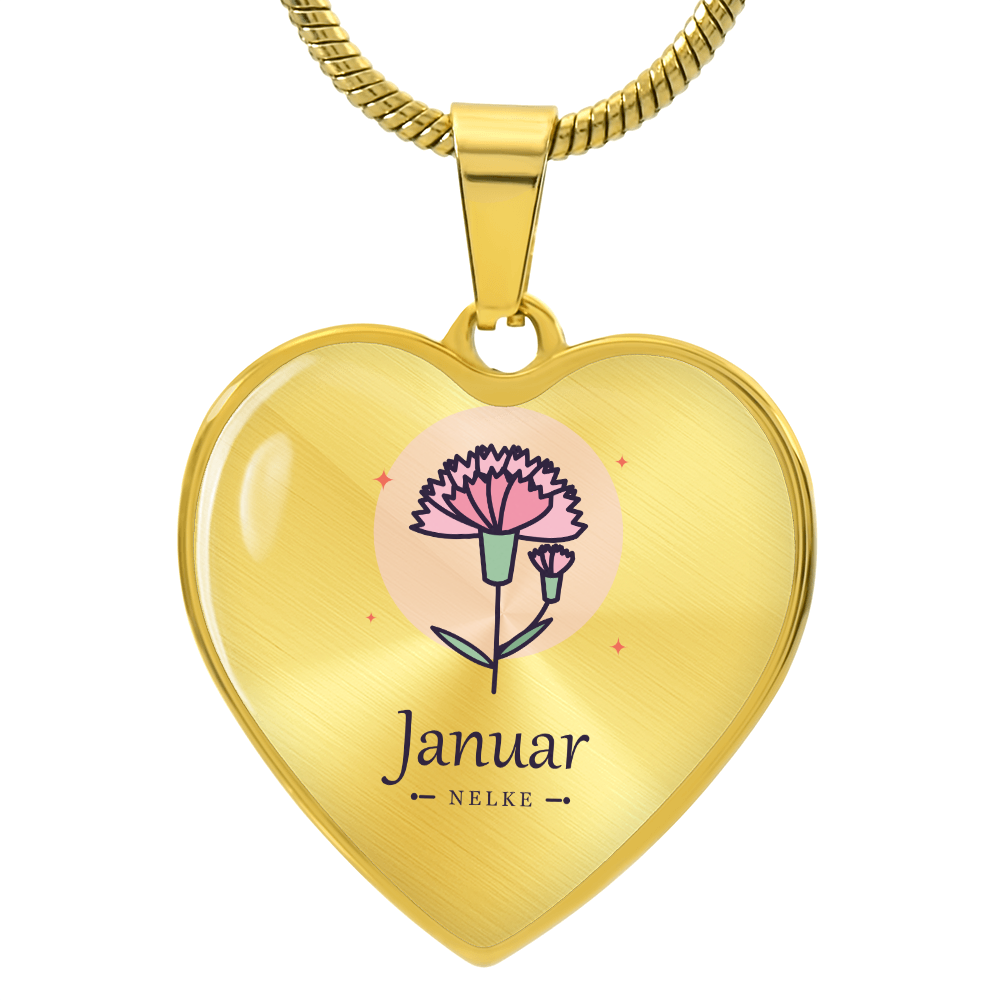 Geburtsblume Herzkette Januar in Gold mit rosa Nelke und Schriftzug Januar