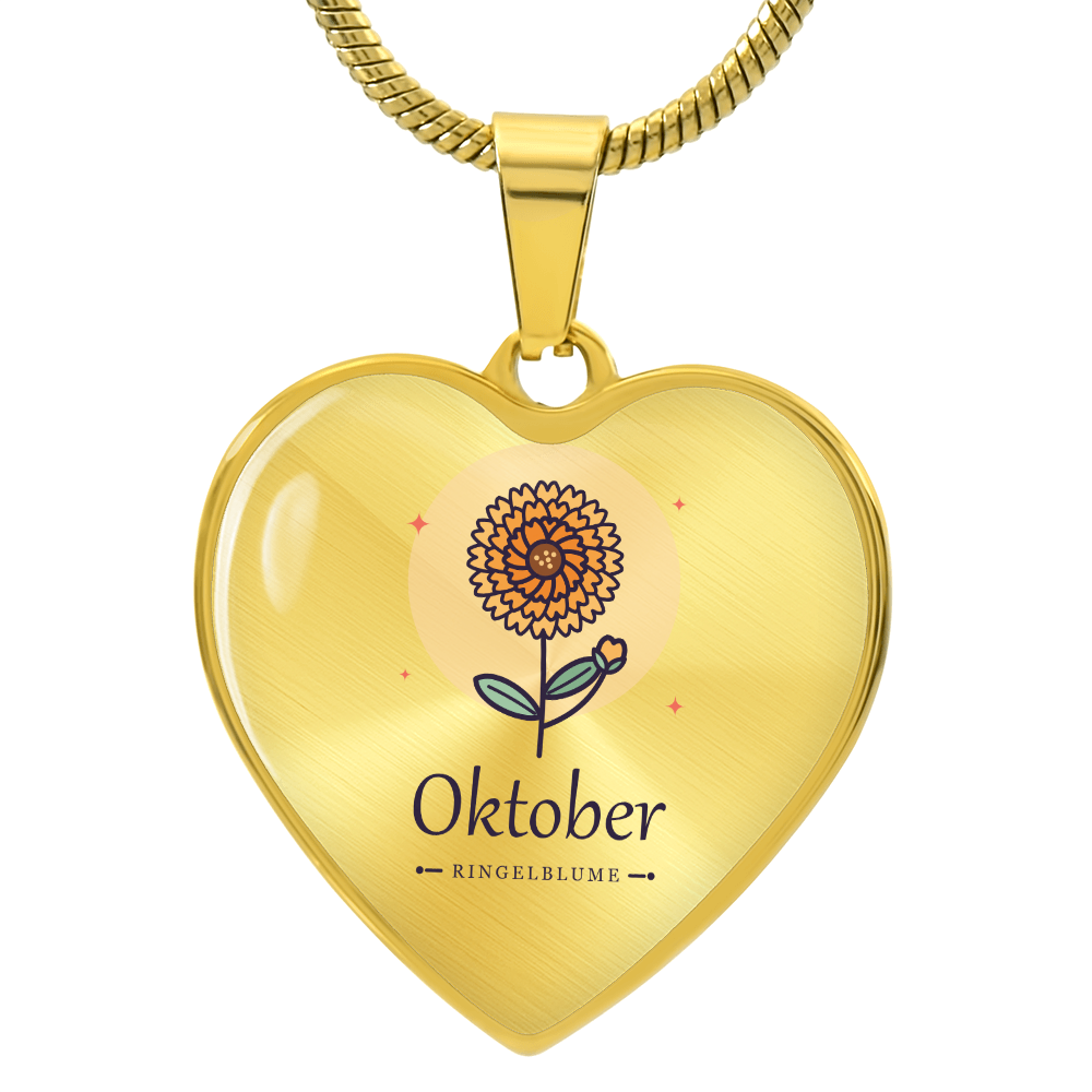 Geburtsblume Herzkette Oktober in Gold mit orangener Ringelblume und Schriftzug Oktober
