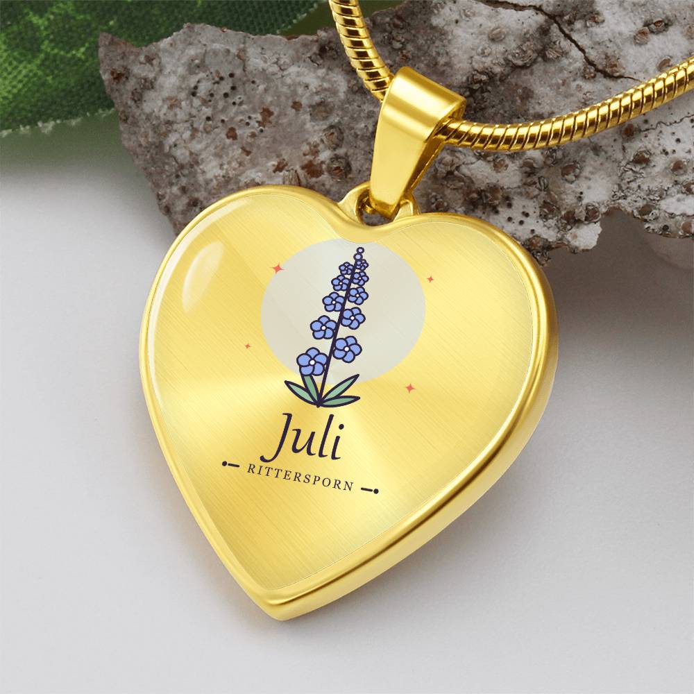 'Geburtsblume Kette Juli – Rittersporn' Herzförmiger Anhänger