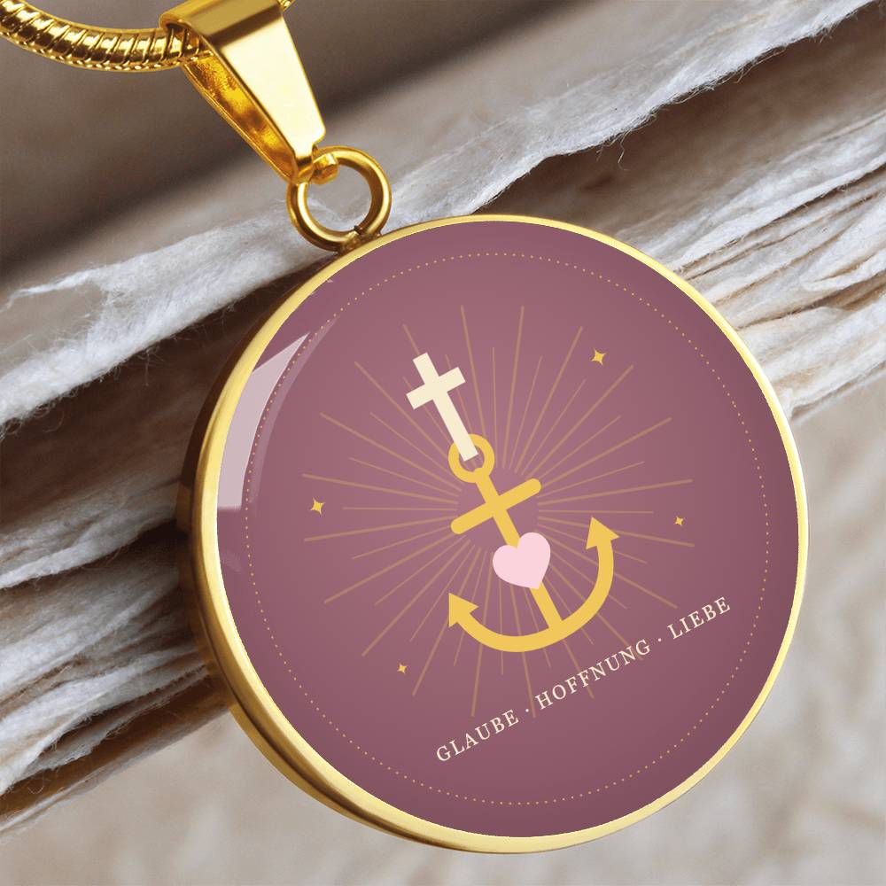 Glaube Liebe Hoffnung Geschenk zur Kommunion – Kette mit Symbol in Altrosa und Gold