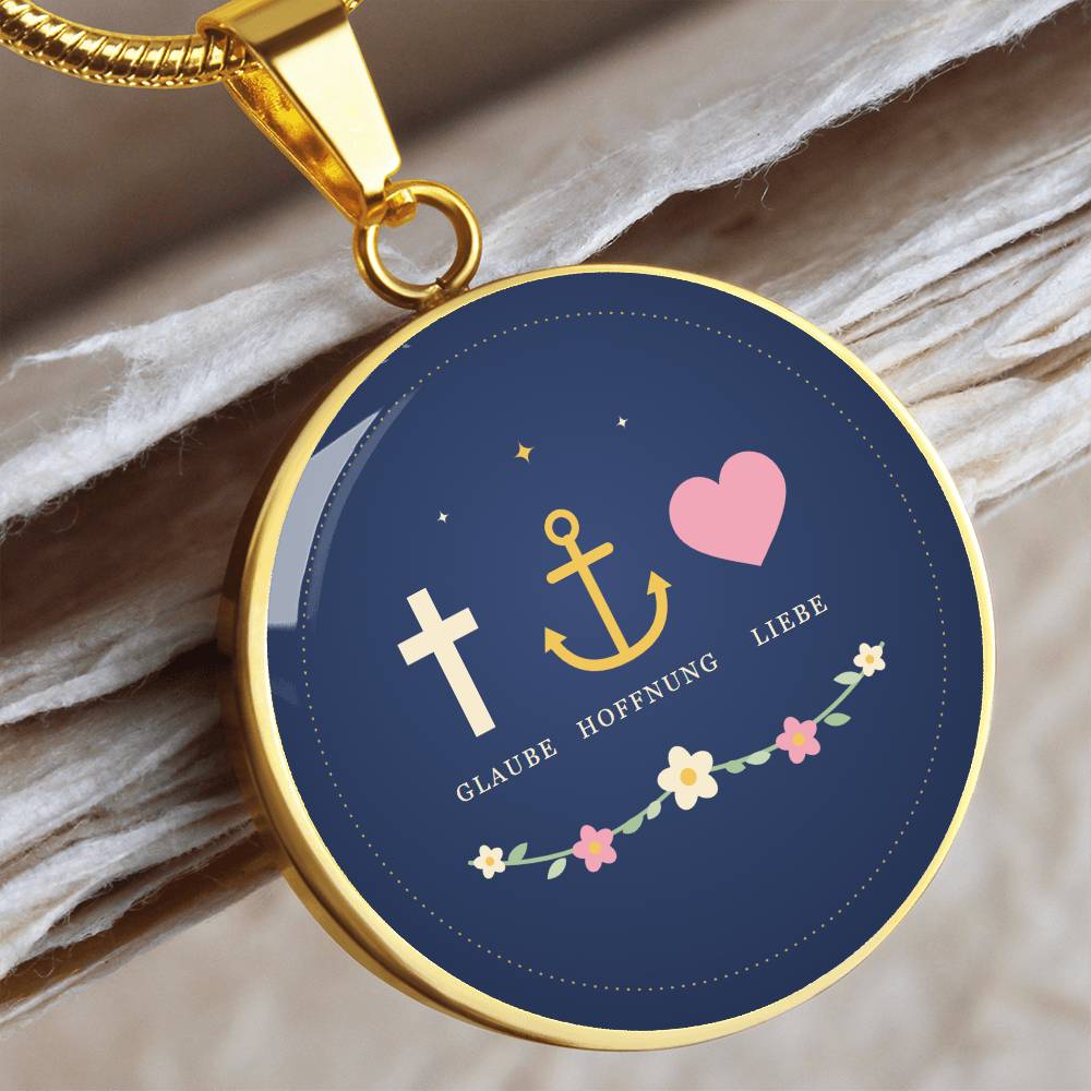 Glaube Hoffnung Liebe Schmuck mit Blumenranke auf nachtblauem Anhänger in Gold