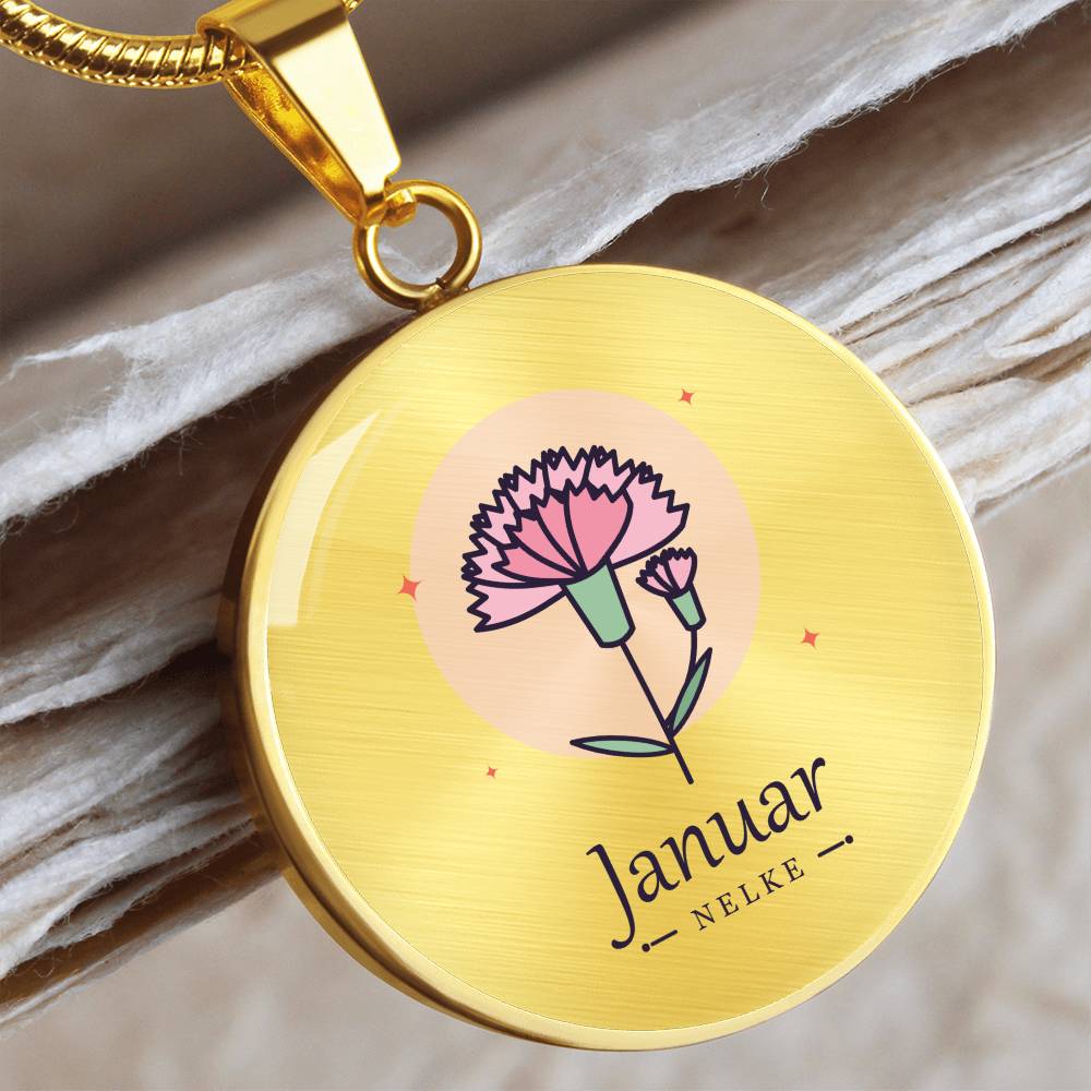 Geburtsblume Kette Januar in Gold mit rosa Nelke und Schriftzug Januar