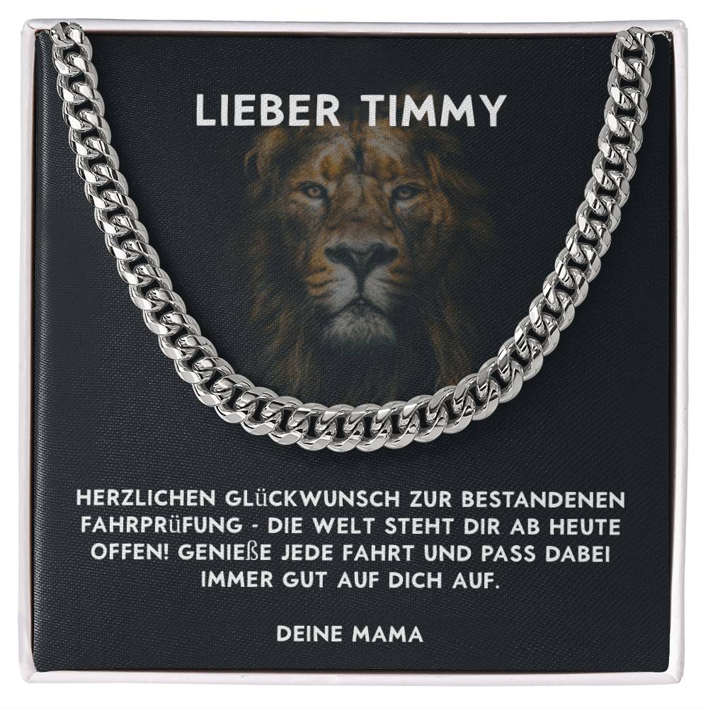 Komplettes Geschenkset zum Führerschein für Jungs bestehend aus cooler Halskette, edler Schmuckbox und Glückwunschkarte.